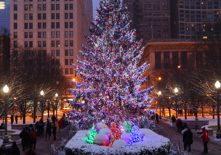 A Christmas tree display in Chicago, IL.